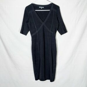 Adrianna Papell Black Ribbed Bandage Dress V Neck Bodycon Midi Dress Medium EUC